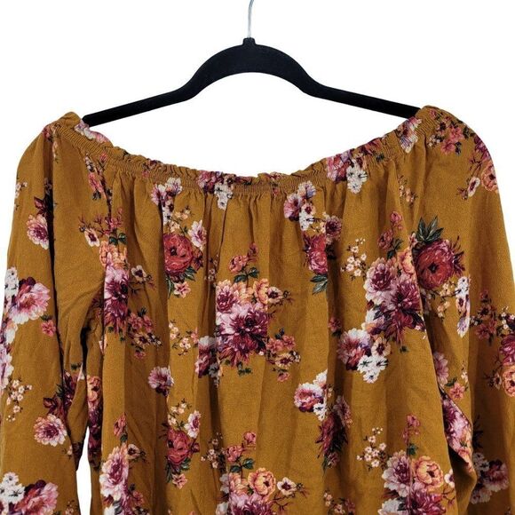 Vintage Rewind Peasant Blouse L Mustard Floral Off Shoulder Crop Button Tie Puff - Picture 9 of 14